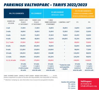 Tarifs des parkings - Hiver 2022/2023